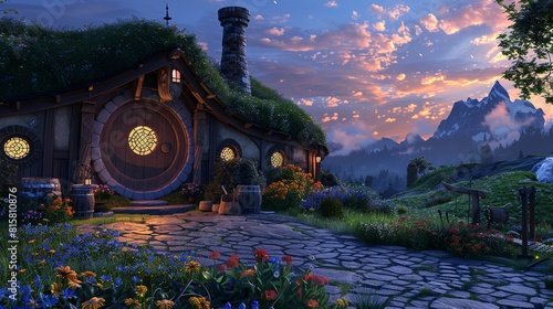 photorealistic night time hobbit shire village with houses in the shire. There is Beautiful carved woodwork around windows photo