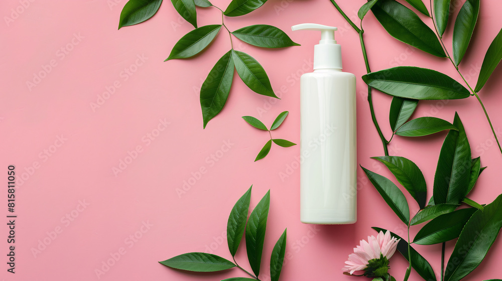 Minimalist Lotion Bottles with Natural Elements on Soft Pink Background Minimalist Lotion Bottles with Natural Elements on Soft Pink Background