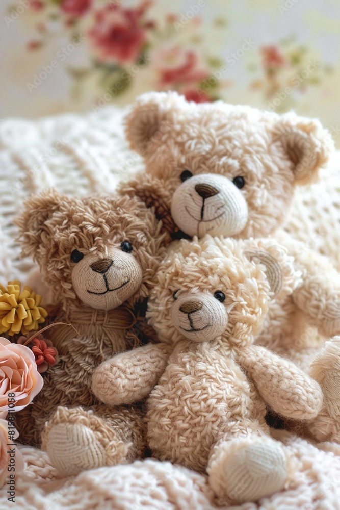 Three plush teddy bears sitting closely on a textured white blanket with a floral background