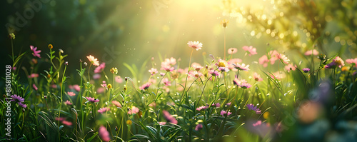 Warm sunlight showers over blooming flowers in a serene garden scene © ALEXSTUDIO