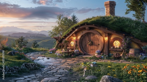 photorealistic night time hobbit shire village with houses in the shire. There is Beautiful carved woodwork around windows