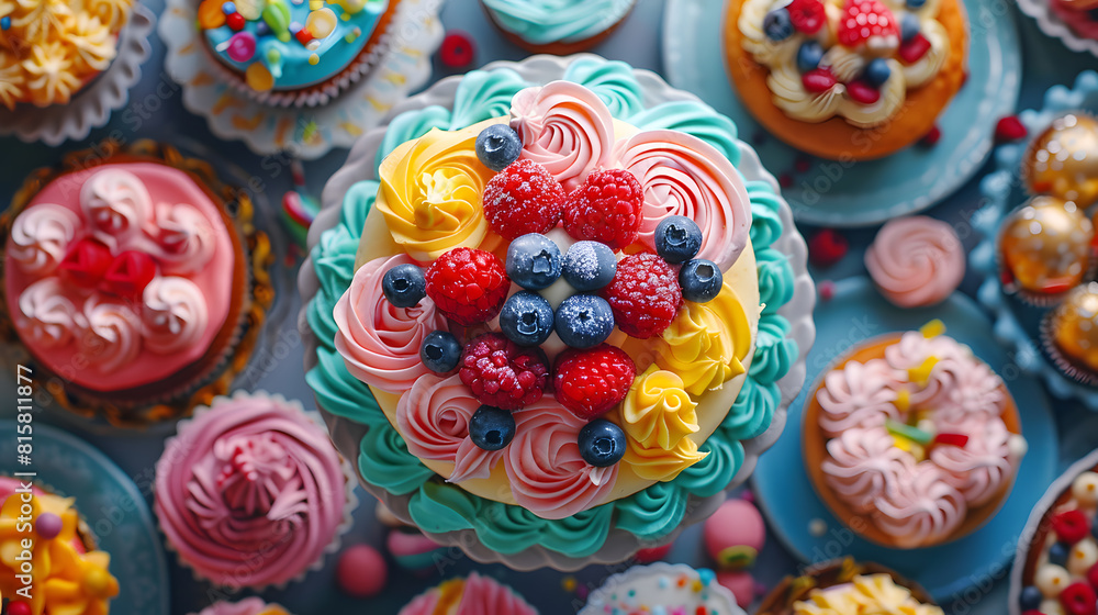 A photo featuring whimsical birthday cakes adorned with colorful frosting and playful edible decorations A photo featuring whimsical birthday cakes adorned with colorful frosting and playful edible decorations