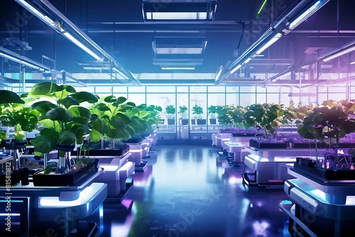 AI controlled  Hydroponics vertical farm in greenhouse laboratory with high technology and hologram style - AI generative 