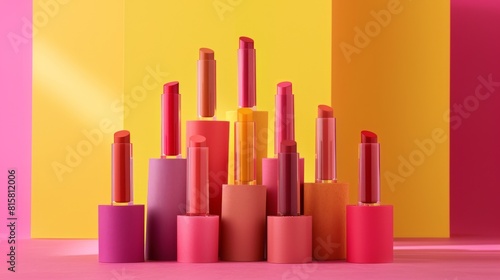 Assorted shades in a colorful cylindrical lipstick tube setup  designed to cater to every mood and style with confidence