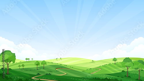 A beautiful rural landscape. The meadows and pastures are covered with green grass, trees and bushes. A path running through the field. Summer sunny day. Blue sky. Vector illustration.