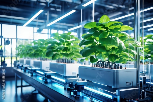 AI controlled, Hydroponics vertical farm in greenhouse laboratory with high technology and hologram style, AI generative 