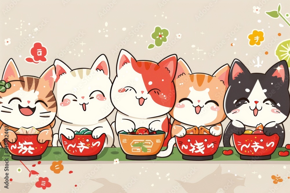 Cute Cartoon Cats Eating Ramen, Adorable Kawaii Cat Illustration Stock ...