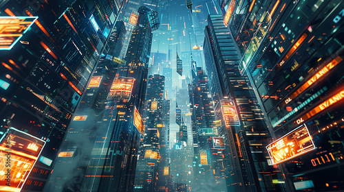 A futuristic cityscape dominated by towering skyscrapers adorned with digital billboards and interactive displays, where the line between reality and virtuality blurs into insignificance. photo
