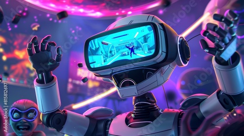 A robot playing neonlit virtual reality games with excited alien kids photo