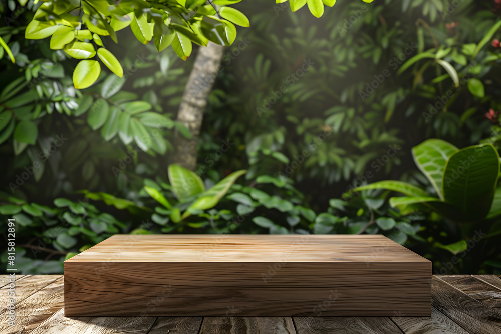 Wooden tabletop with green forest background