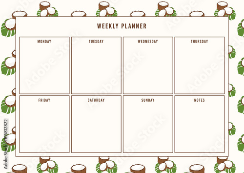 Weekly planner, printable planner, weekly to do list planner, daily planner with coconut pattern background.