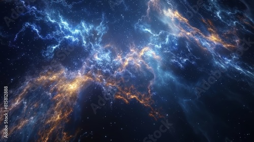 Blue and orange glowing nebula with stars in deep space photo