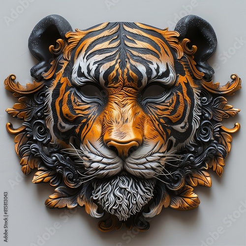 A 3D rendering of a highly detailed tiger mask  made of metal with ornate flourishes.