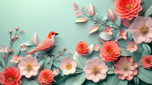 A beautiful 3D illustration of a pink bird sitting on a branch with peach and white flowers in bloom against a pale aqua background.