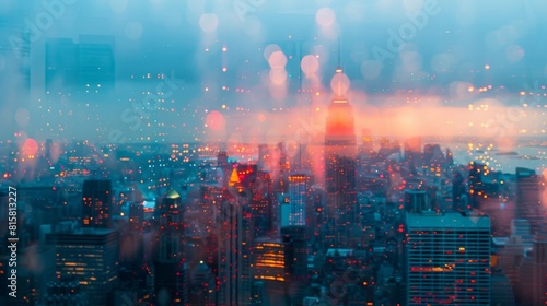 City lights at night seen through rain covered window photo
