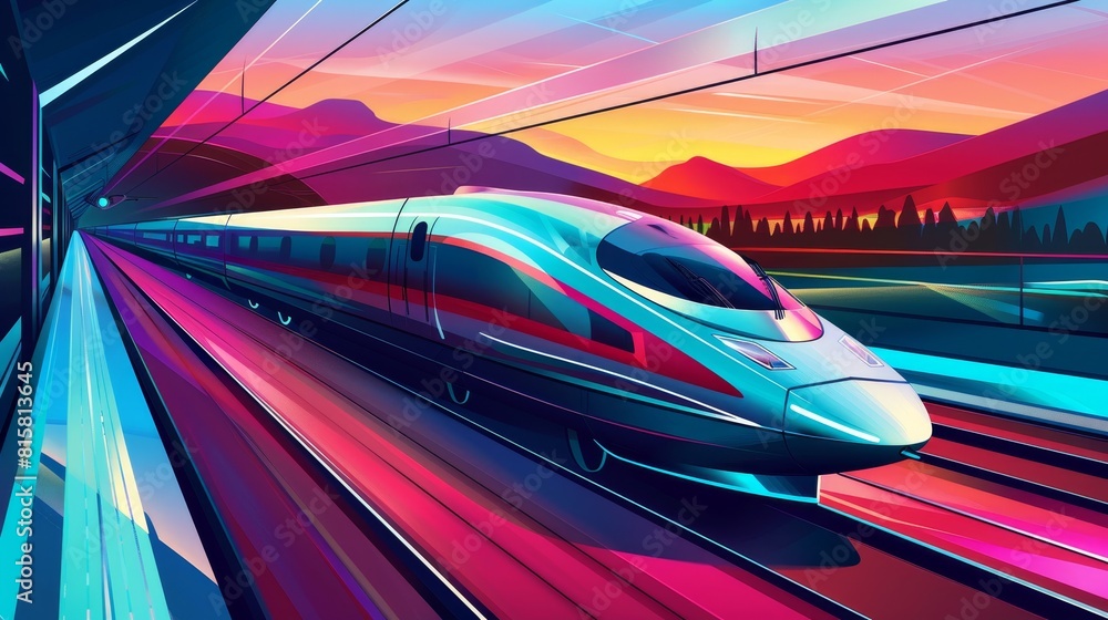 Vector Art of a highspeed train journey, with a sleek design and vibrant landscapes rushing by the windows