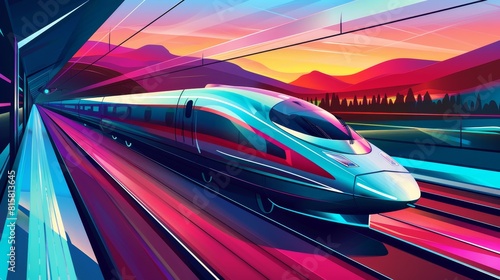 Vector Art of a highspeed train journey  with a sleek design and vibrant landscapes rushing by the windows