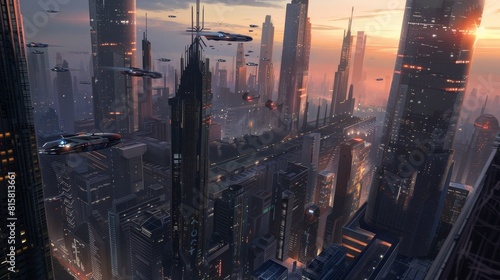 Realism of a Futuristic cityscape at sunset  with towering skyscrapers and hovering vehicles