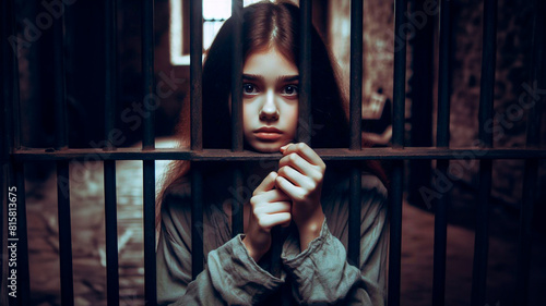 Young charming girl the teenager with long hair sitting behind bars in prison prisoner in a medieval jail with sad, pleading eyes of mercy photo