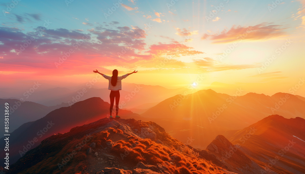 Silhouette of a woman with arms outstretched standing on a mountain - ai generative Silhouette of a woman with arms outstretched standing on a mountain - ai generative