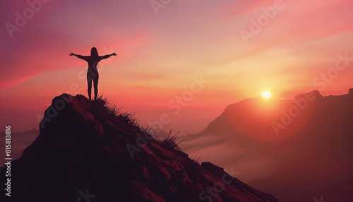 Silhouette of a woman with arms outstretched standing on a mountain - ai generative