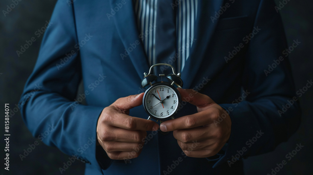 Businessman with alarm clock on dark background closeup