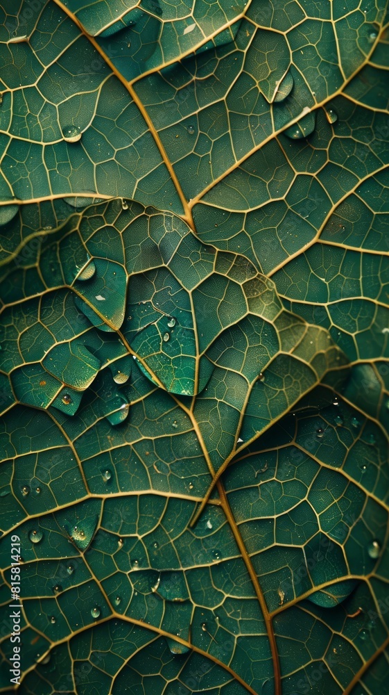 Fototapeta premium Green leaf texture with raindrops.