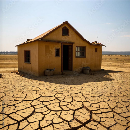 The house stands on parched cracked ground