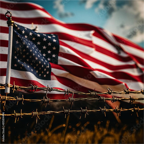 American flag behind wire