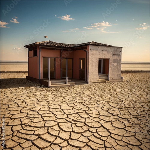 The house stands on parched cracked ground