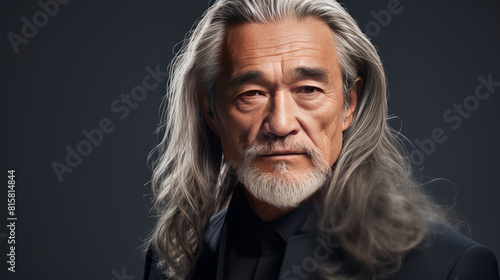 Handsome elderly Latino with long gray hair, on a gray background, banner. © ALA