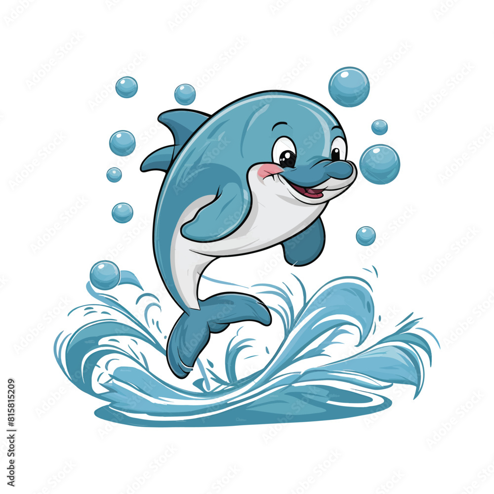 Obraz premium Vector cute cartoon dolphin jumping out of water on a white background