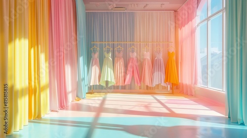 A minimalist fashion design studio with pastelcolored dresses and a chic  colorful background
