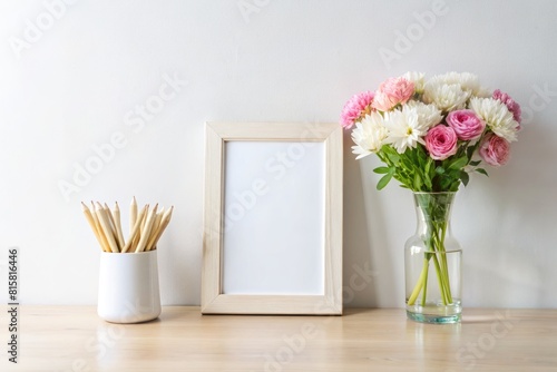 Mock up blank photo frame with flowers in vase on wooden table