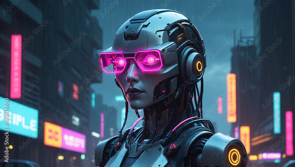 A humanoid robot with a sleek metallic frame, wearing glowing neon blue and pink glasses and intricate headgear with wires and mechanical elements, the robot is set against a rainy A humanoid robot with a sleek metallic frame, wearing glowing neon blue and pink glasses and intricate headgear with wires and mechanical elements, the robot is set against a rainy