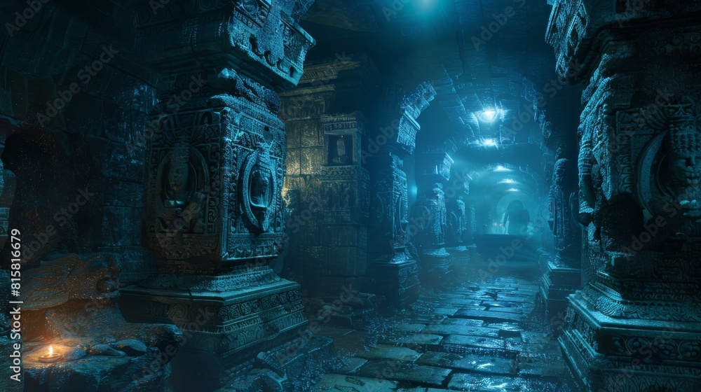 The dark and mysterious temple is illuminated by a single light source ...