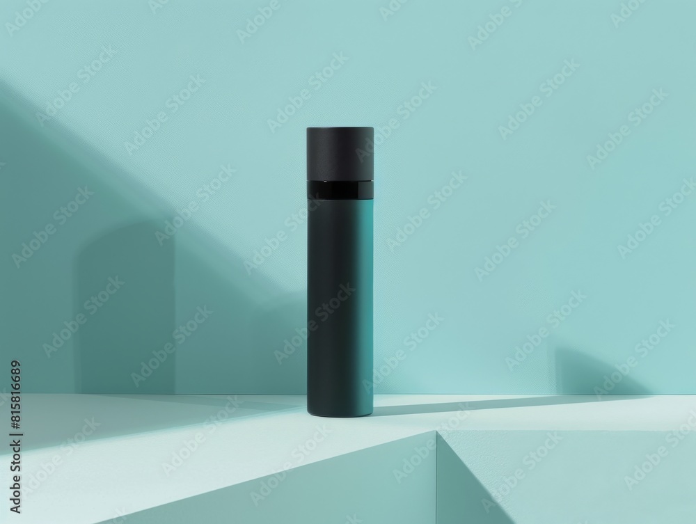 Sleek cylinder for waterproof products, positioned against a soft blue background, designed for longlasting, waterresistant facial cosmetics