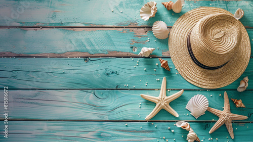 seashells on blue wooden plank with straw hat © sema_srinouljan