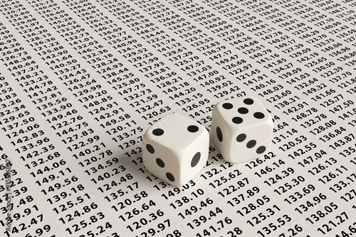 Two black and white rolling dice on a sheet full of floating point numbers. Illustration of the concept of change of stock prices, investment speculation, probability and statistics
