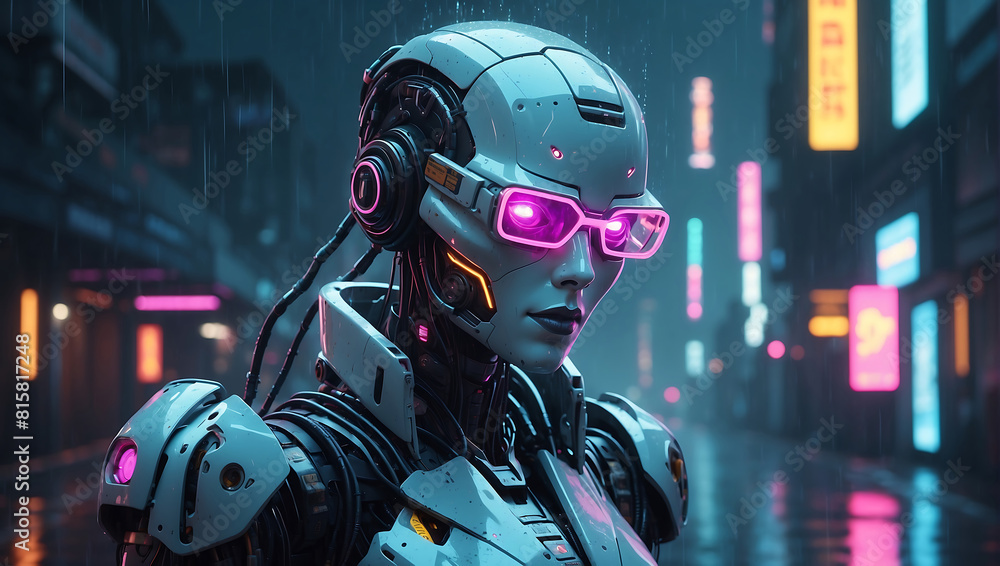 A humanoid robot with a sleek metallic frame, wearing glowing neon blue and pink glasses and intricate headgear with wires and mechanical elements, the robot is set against a rainy
