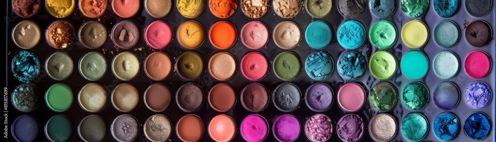 Professional makeup eyeshadow palette featuring a spectrum of colors in multiple compartments, ideal for creative eye styles Professional makeup eyeshadow palette featuring a spectrum of colors in multiple compartments, ideal for creative eye styles