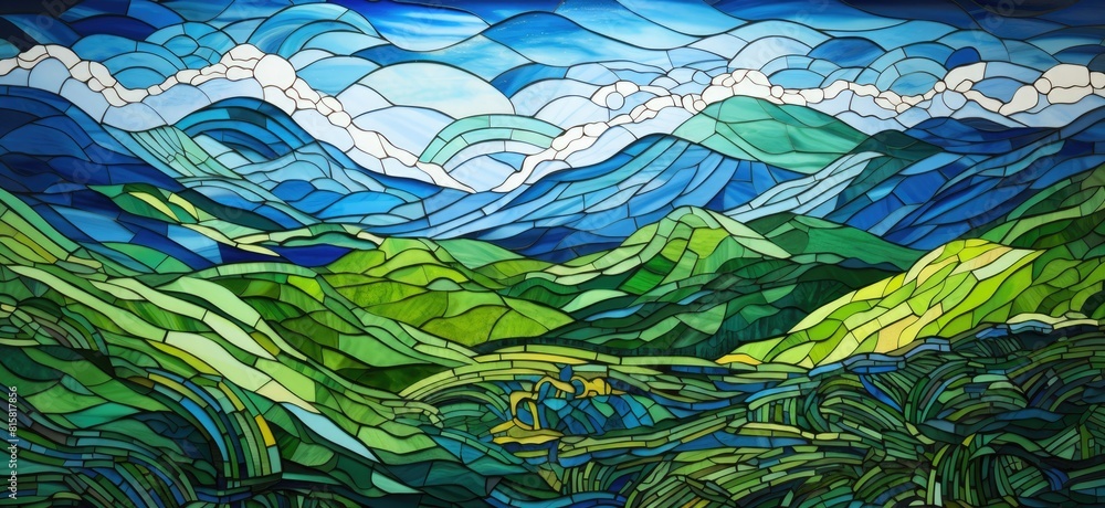 A mosaic of mountains and a sun with a blue sky background A mosaic of mountains and a sun with a blue sky background
