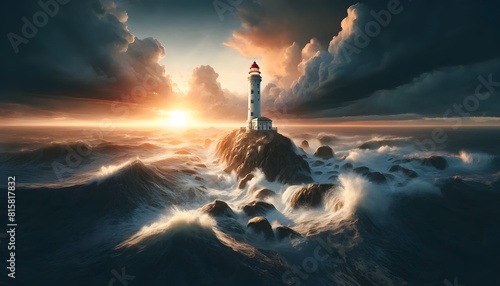 A solitary lighthouse stands defiant on a rugged rock against a backdrop of a raging sea, with a dramatic sunset painting the sky. photo