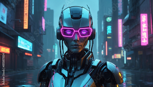 A humanoid robot with a sleek metallic frame, wearing glowing neon blue and pink glasses and intricate headgear with wires and mechanical elements, the robot is set against a rainy