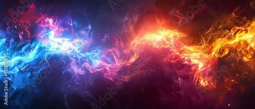 The image is a colorful abstract painting. It has a blue and purple background with bright red and yellow splashes. The painting is very fluid and looks like it is in motion. © Glory