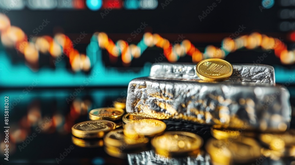 Silver bar among coins with financial graphs Silver bar among coins with financial graphs