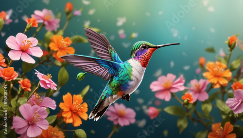 A hummingbird is flying in front of a background of colorful flowers.  