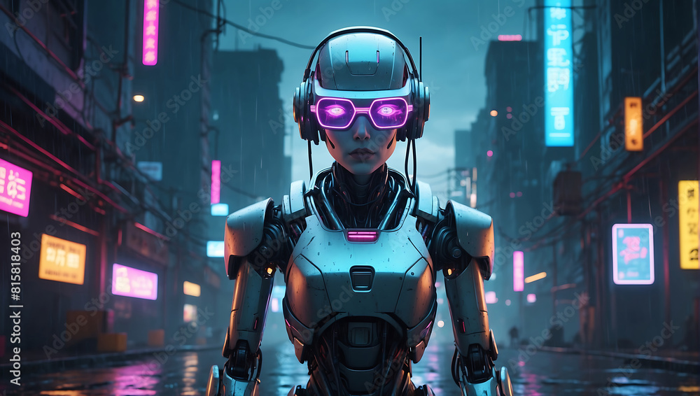 A humanoid robot with a sleek metallic frame, wearing glowing neon blue and pink glasses and intricate headgear with wires and mechanical elements, the robot is set against a rainy