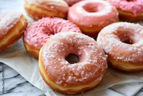 An assortment of donuts with pink and white icing, some decorated with colorful sprinkles and others with a dusting of powdered sugar. Perfect for National Donut Day celebrations photo