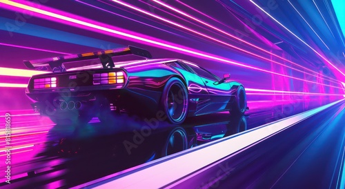race car drives on a neon highway, colorful gradients, dark turquoise